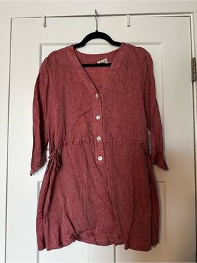 Chalet et Ceci Red Button-Front Linen Tunic with Drawstring Waist